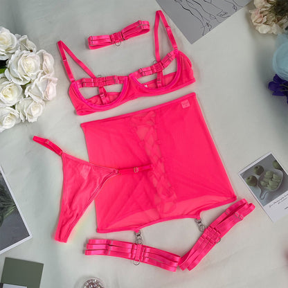 Ellolace Open Bra Lingerie Lace Up Garter Underwear Uncensored Thongs Naked Porn Intimate 4-Piece Valentine Day Mesh Bilizna Set