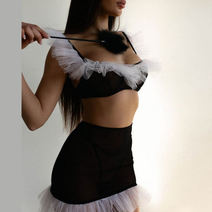 Ellolace Ruffle Lingerie Fairy Sensual Underwear Uncensored Lace Push Up Bra And Panty Outfit Sexy Night Club Fancy Intimate