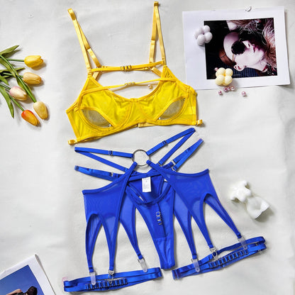 Ellolace Hollow Out Female Lingerie Naked Women Without Censorship Erotic 5-Piece See Through Lace Sexy Porn Suits Garter Outfit