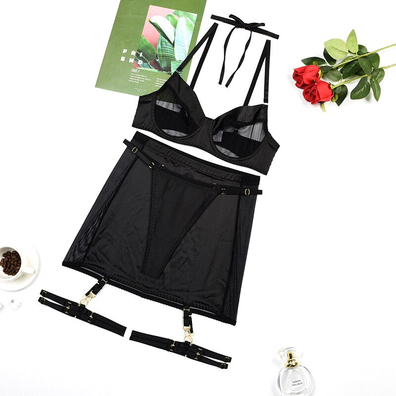 Ellolace Sensual Lingerie See Through Garter Dress Fancy Underwear Seamless Bra Kit Push Up Intimate Sheer Lace Exotic Sets