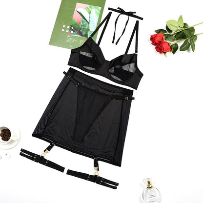 Ellolace Sensual Lingerie See Through Garter Dress Fancy Underwear Seamless Bra Kit Push Up Intimate Sheer Lace Exotic Sets
