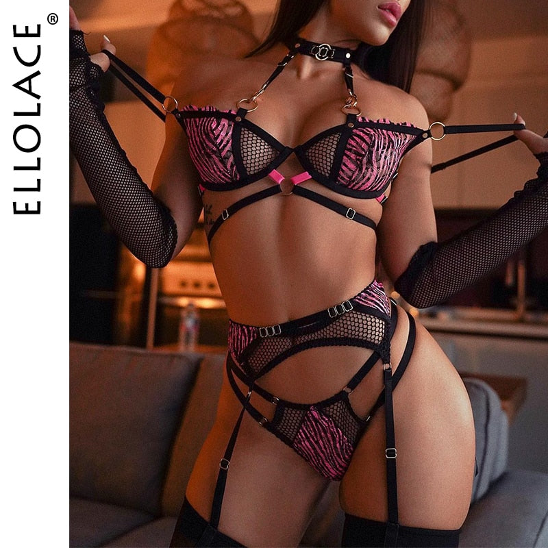 Ellolace Zebra Lingerie Fancy Lace Underwear See Through Halter Bra Delicate Intimate Luxury Sexy Outfits Garters Brief Sets
