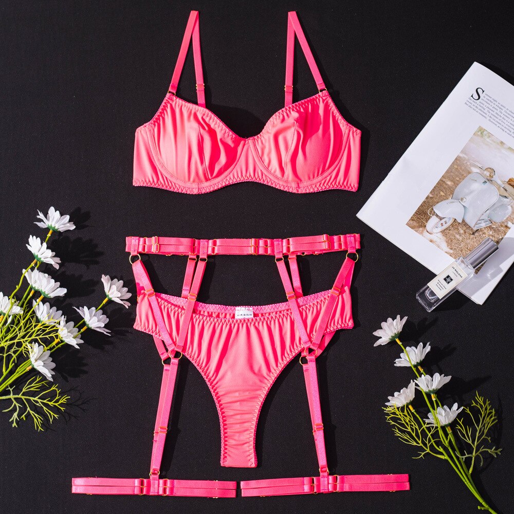 Ellolace Neon Pink Lingerie Seamless Underwear Transparent Lace Garter Brief Sets Senusal Exotic Outfits Sexy Intimate