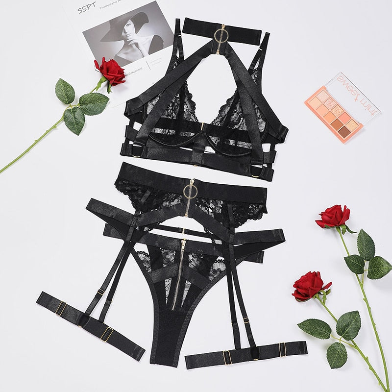 Ellolace Fancy Lingerie Zipped Halter Bra Kit Push Up Erotic Outfit Lace See Through Underwear Sensual Luxury Intmiate