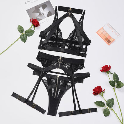 Ellolace Fancy Lingerie Zipped Halter Bra Kit Push Up Erotic Outfit Lace See Through Underwear Sensual Luxury Intmiate