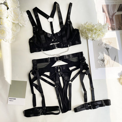 Ellolace Fine Lingerie Sexy Women's Underwear Crotchless 3-Piece Garter Bra And Panty Set Luxury Erotic Outfit Seamless Intimate