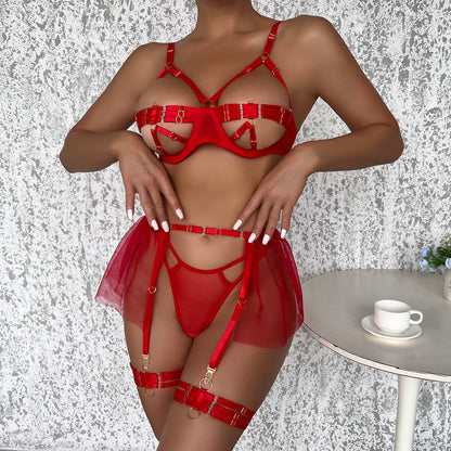 Ellolace Erotic Lingerie Hollow Bra Ruffled Sensual Underwear 4-Piece Heart-shaped Sissy Porn Matching Fine Porn Outfit