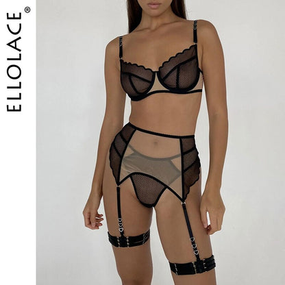 Ellolace Lace Lingerie Fancy Underwear 4-Piece Transparent Bra Kit Push Up Patchwork Bilizna Set See Through Lace Intimate