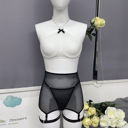 Ellolace Nun Halter Lingerie Sheer Lace Sexy Underwear With Garter Transparent Seamless Bowknot Outfits Mesh Sissy Exotic Sets