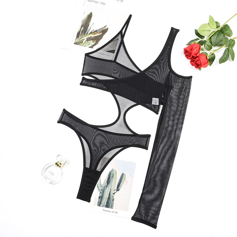 Ellolace Irregular One Piece Bodysuit Long Sleeve Tops Cut Out Waist Body Sissy Sheer Lace Tights Uncensored Mesh Bodysuits