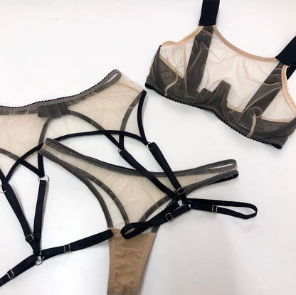 Ellolace Sensual Transparent Lingerie Set With Stocking Tulle Lace Underwear Uncensored Sissy Intim Goods Sheer Nude Sexy Outfit