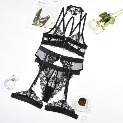 Ellolace Fancy Lingerie See Through Lace Sexy Bilizna Set Tulle Underwear Crotchless 4-Piece Sensual Sissy Bra And Panty Set