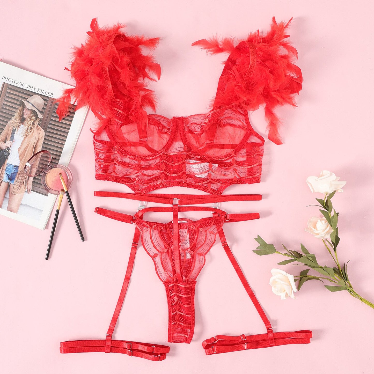 Ellolace Feather Lingerie Sensual Transparent Bra Briefs Sets Hot Sexy Delicate Underwear Fancy Seamless Intimate Outfit