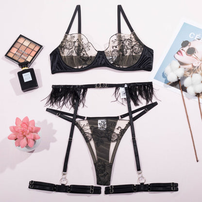 Ellolace Feather Sensual Lingerie Floral Embroidery Underwear Uncensored Sheer Lace Exotic Set Garters Seamless Sissy Outfit
