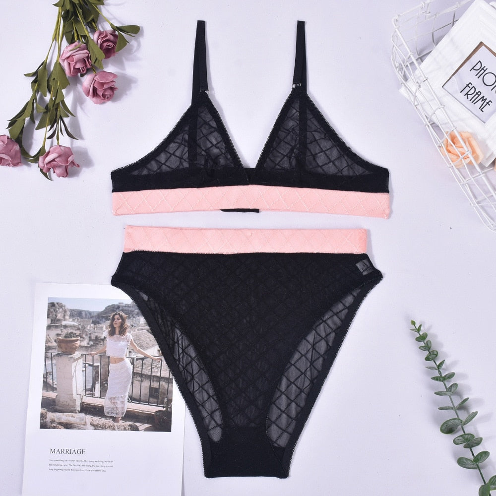 Ellolace Plaid Lingerie Outfit Sheer Lace Seamless Underwear Set Women 2 Piece Transparent Intimate Patchwork Erotic Sets