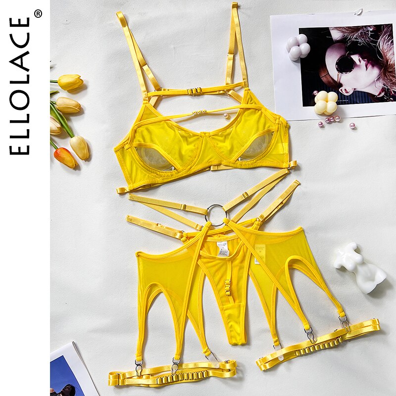 Ellolace Hollow Out Female Lingerie Naked Women Without Censorship Erotic 5-Piece See Through Lace Sexy Porn Suits Garter Outfit