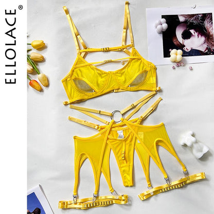 Ellolace Hollow Out Female Lingerie Naked Women Without Censorship Erotic 5-Piece See Through Lace Sexy Porn Suits Garter Outfit