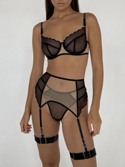 Ellolace Lace Lingerie Fancy Underwear 4-Piece Transparent Bra Kit Push Up Patchwork Bilizna Set See Through Lace Intimate