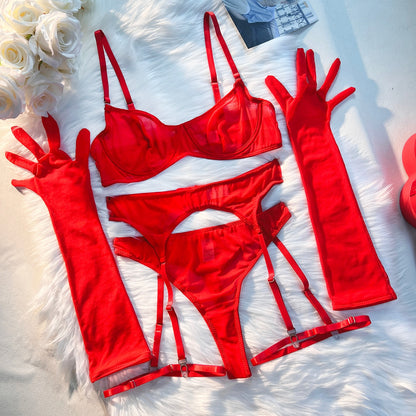 Ellolace Seamless Lingerie With Long Gloves Lace Seamless Underwear Intim Goods Sexy Outfits See Through Bra And Panty Set