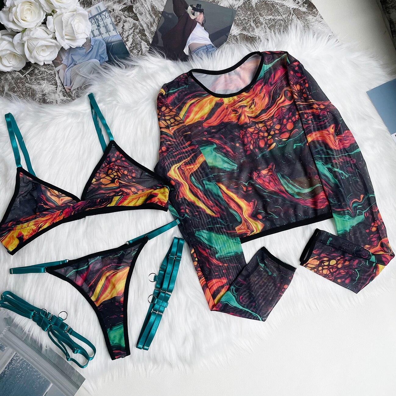 Ellolace Tie Dye Lingerie With Long Sleeve Tops Lace See Through Sensual Erotic Sets 4-Piece Sexy Seamless Erotic Underwear