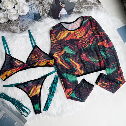 Ellolace Tie Dye Lingerie With Long Sleeve Tops Lace See Through Sensual Erotic Sets 4-Piece Sexy Seamless Erotic Underwear