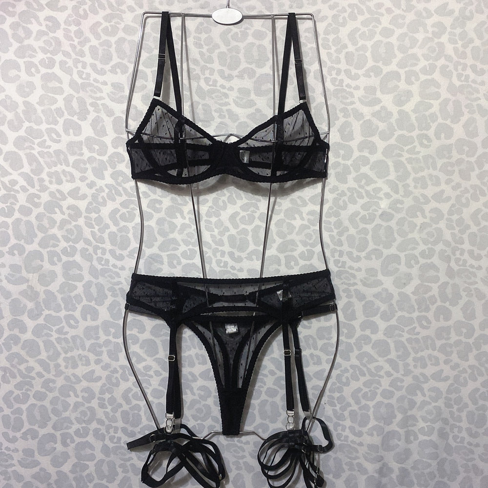 Ellolace Polka Dot Lingerie Sensual Transparent Bra Lace 3-Piece Naked Tulle Underwear Uncensored Erotic Sexy Outfits