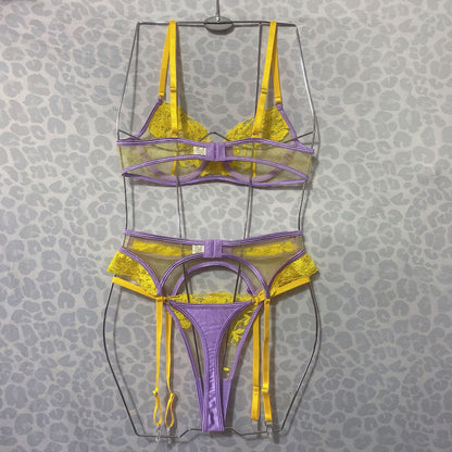 Ellolace Delicate Lingerie Sheer Lace Sexy Underwear 3-Piece Floral Fancy Intimate Luxury Lace Uncensored Sensual Brief Sets