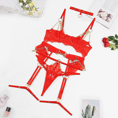 Ellolace Fancy Lingerie Luxury Lace Push Up Half Cup Bra With Chain Hot Sexy Red Delicate Underwear Valentine Sissy Intimate