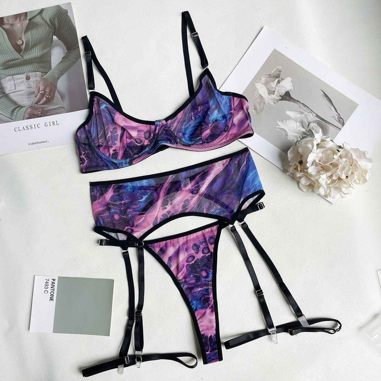 Ellolace Tie Dye Lingerie Fancy Underwear Bra Kit Push Up See Through Seamless Briefs Garter Belt Set Sexy Lace Intimate