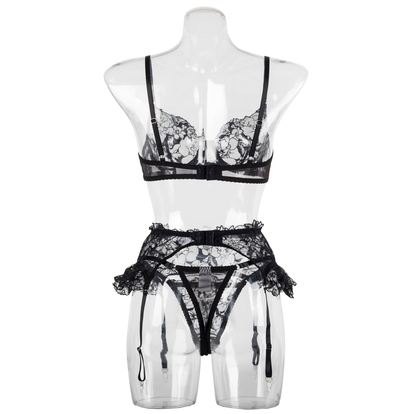 Ellolace Fancy Lace Lingerie Ruffle Garter Belt Underwear Transparent Bra And Panty Set Seamless Intimate Sensual Exotic Sets