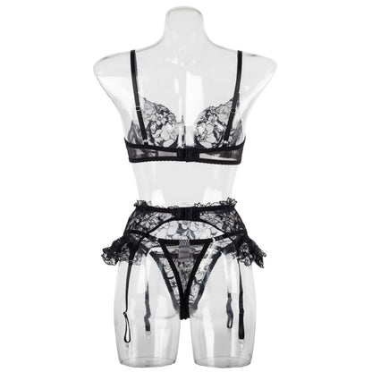 Ellolace Fancy Lace Lingerie Ruffle Garter Belt Underwear Transparent Bra And Panty Set Seamless Intimate Sensual Exotic Sets