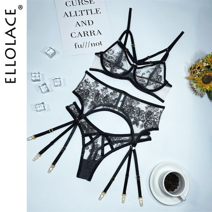 Ellolace Erotic Lingerie Set Woman 3 Pieces Sensual Embroidery Transparent Brief Sets Fancy Garters Luxury Lace Sexy Outfits