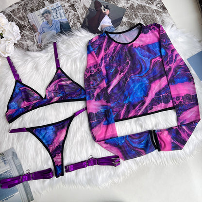 Ellolace Tie Dye Lingerie With Long Sleeve Tops Lace See Through Sensual Erotic Sets 4-Piece Sexy Seamless Erotic Underwear