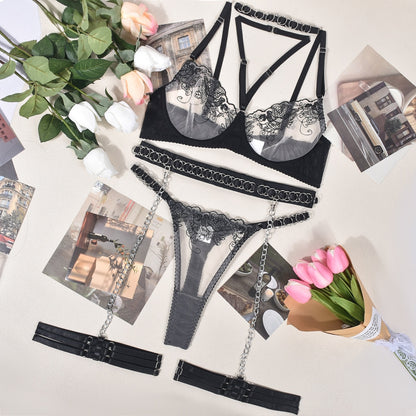 Ellolace Fancy Lingerie Sexy Lace Sensual Underwear Uncensored Transparent Bra Garter 4-Piece Luxury Erotic Seamless Intimate