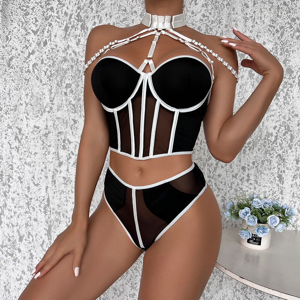 Ellolace Sexy Fine Lingerie Corset Bra Delicate Underwear Halter Bra Kit Push Up Bilizna Set Contrast Color Fine Intimate