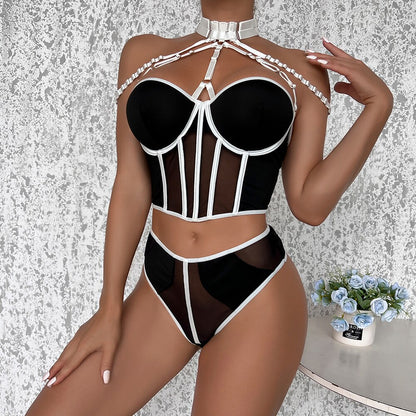 Ellolace Sexy Fine Lingerie Corset Bra Delicate Underwear Halter Bra Kit Push Up Bilizna Set Contrast Color Fine Intimate