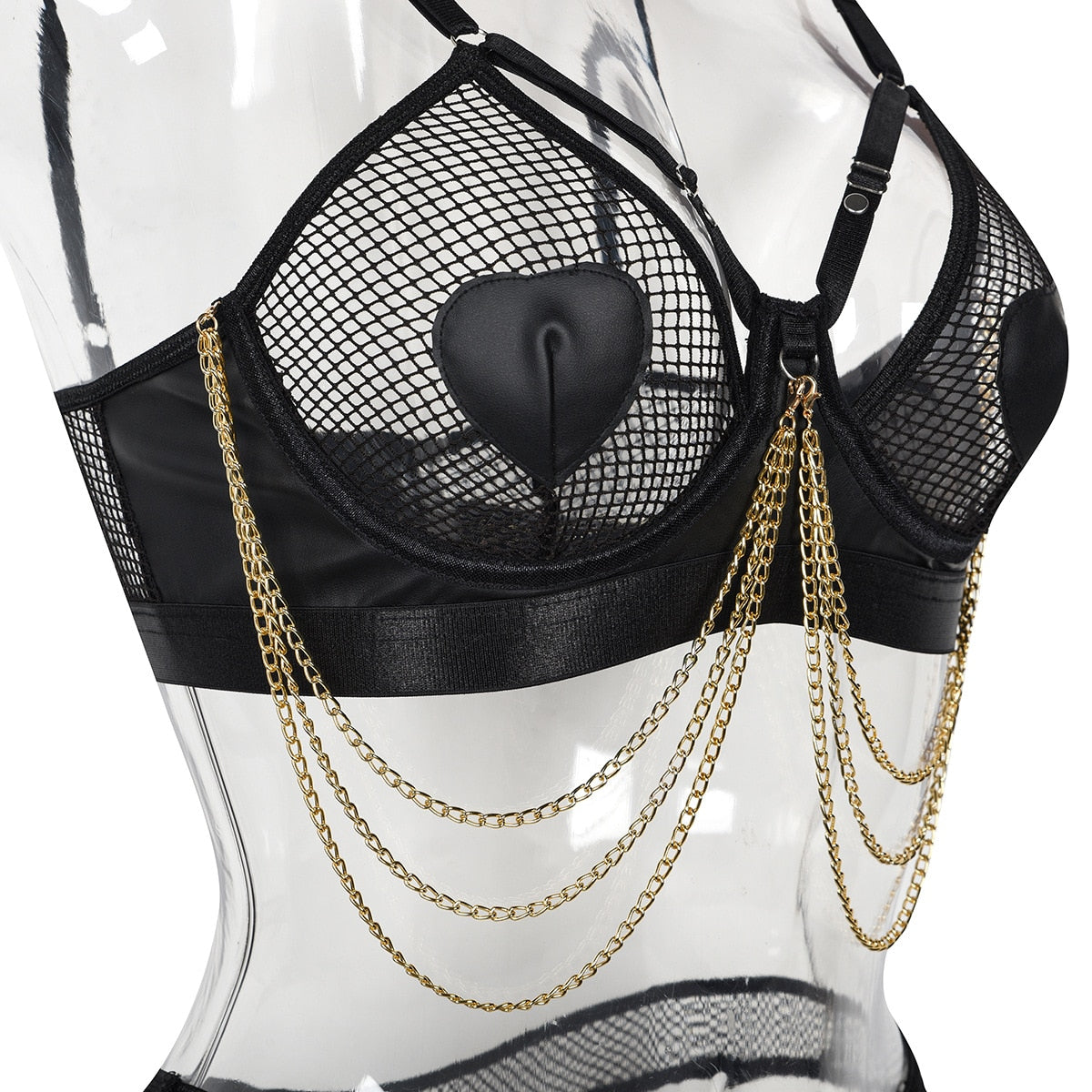 Ellolace Fishnet Lingerie Sensual Transparent Bra With Chain Sissy Bilizna Set Naked See through Leather Exotic Underwear