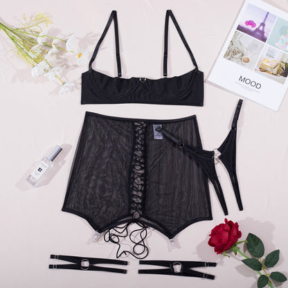 Ellolace Erotic Lingerie Open Bra Sissy Bandage Garter Intimate Sensual Crotchless Panties Sheer Lace Bilizna Set Uncensored