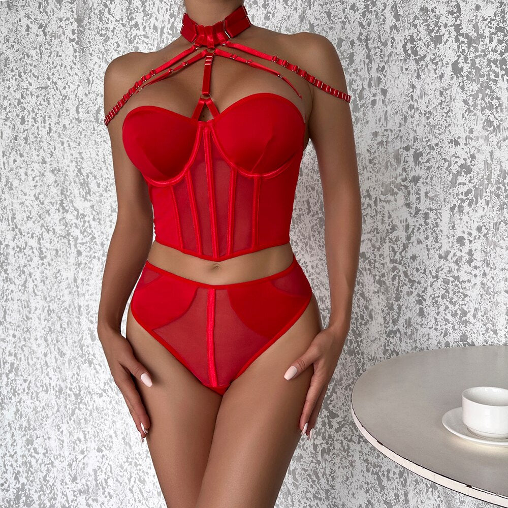 Ellolace Sexy Fine Lingerie Corset Bra Delicate Underwear Halter Bra Kit Push Up Bilizna Set Contrast Color Fine Intimate
