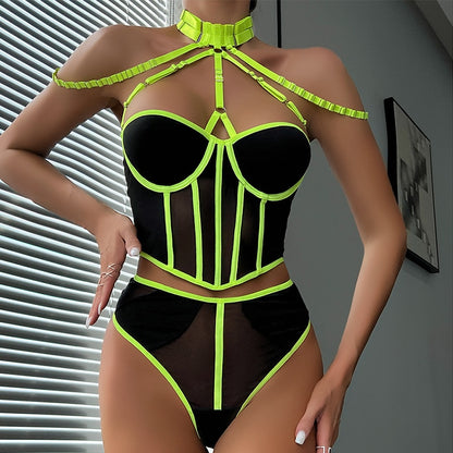 Ellolace Sexy Fine Lingerie Corset Bra Delicate Underwear Halter Bra Kit Push Up Bilizna Set Contrast Color Fine Intimate