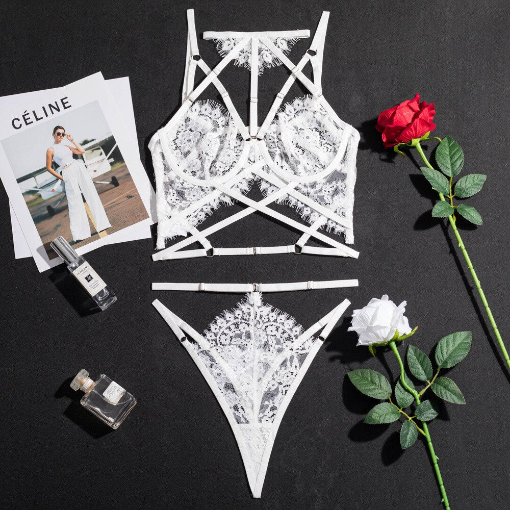 Ellolace Fancy Lingerie See Through Lace Seamless Underwear Set Women 2 Piece Sexy Outfits Uncensored Halter Exotic Sets