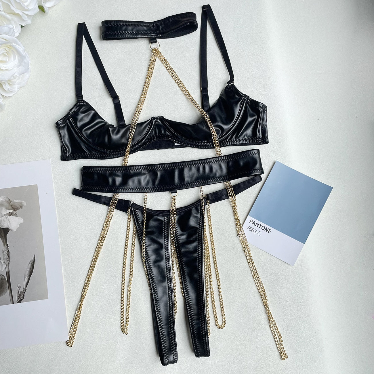 Ellolace Sensual Leather Lingerie Half Cup Bra Kit Push Up With Chain Sissy Crotchless Naked Bilizna Outfit Fetish PU Uncensored