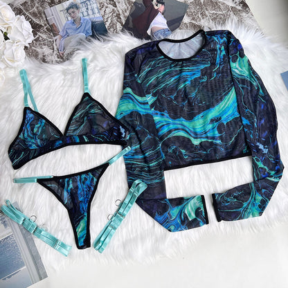 Ellolace Tie Dye Lingerie With Long Sleeve Tops Lace See Through Sensual Erotic Sets 4-Piece Sexy Seamless Erotic Underwear