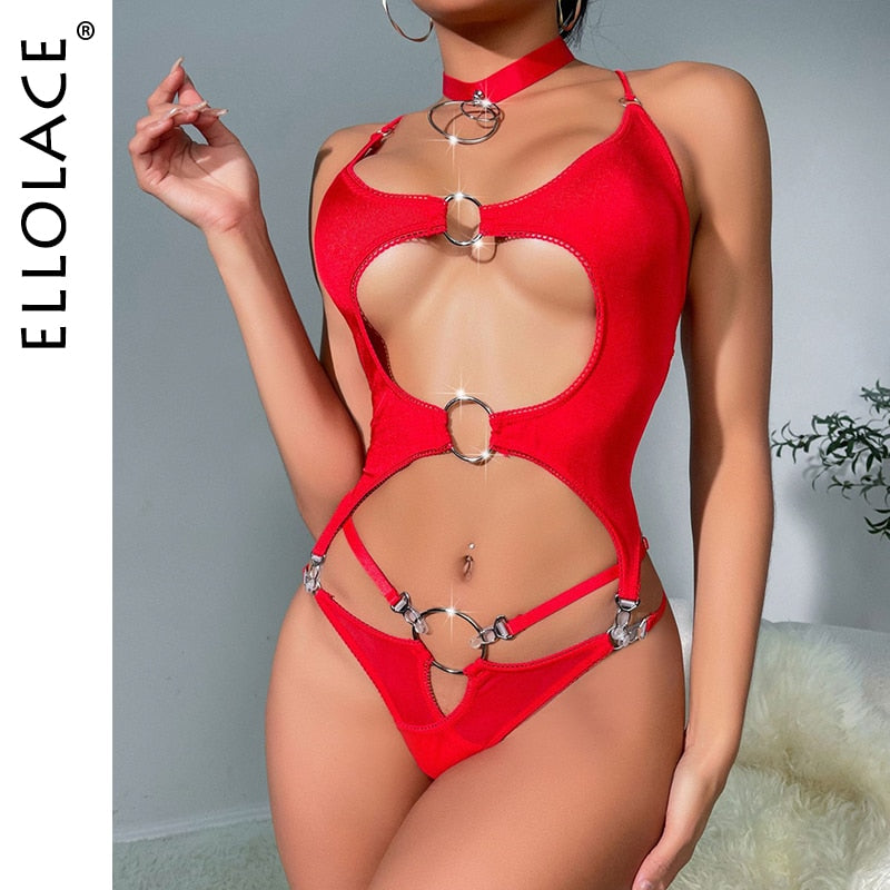 Ellolace Erotic Bodysuit Hollow Out Backless Tops Sissy Lace Up Body Hot Red Sexy Porn Tights Fancy Fantasia Costume