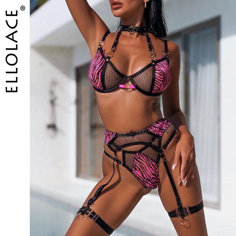 Ellolace Zebra Lingerie Fancy Lace Underwear See Through Halter Bra Delicate Intimate Luxury Sexy Outfits Garters Brief Sets