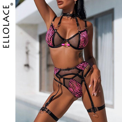 Ellolace Zebra Lingerie Fancy Lace Underwear See Through Halter Bra Delicate Intimate Luxury Sexy Outfits Garters Brief Sets