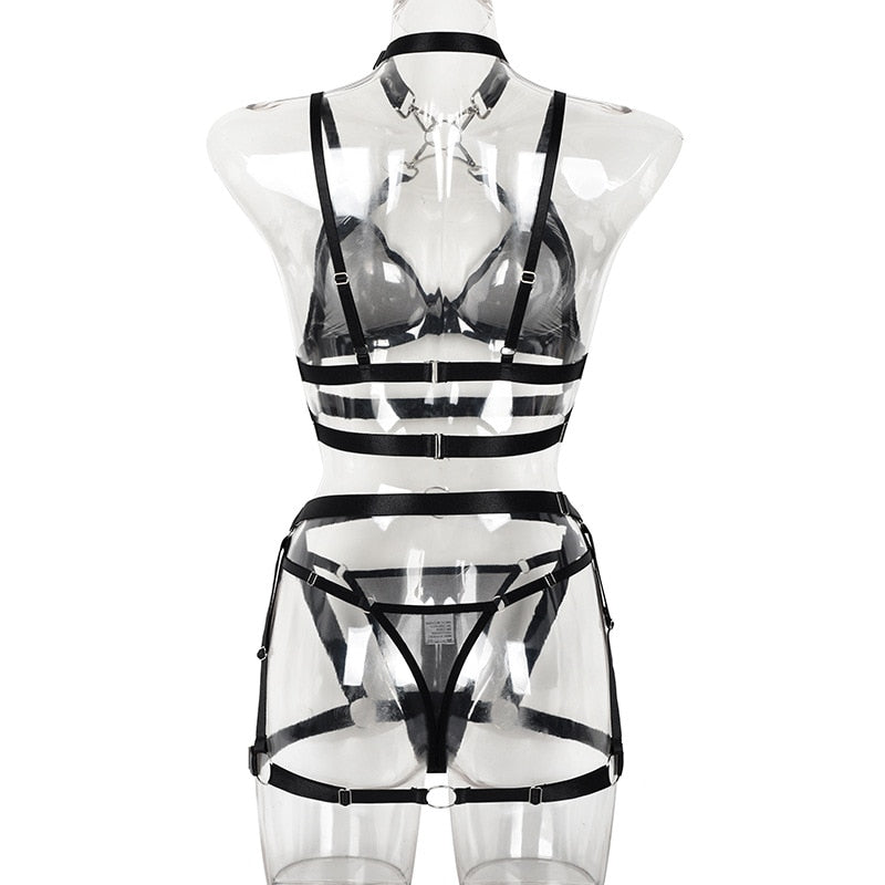 Ellolace Sensual Lingerie Halter Cross Bra And Panty Set Transparent Lace Fancy Underwear 4-Piece Sheer Black Erotic Intimate