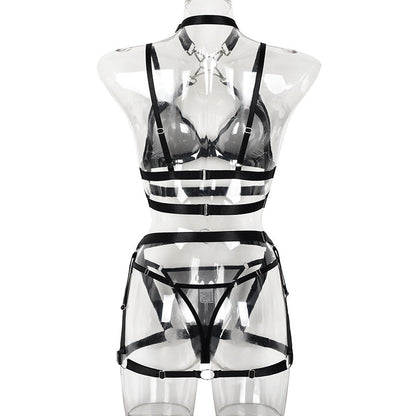 Ellolace Sensual Lingerie Halter Cross Bra And Panty Set Transparent Lace Fancy Underwear 4-Piece Sheer Black Erotic Intimate