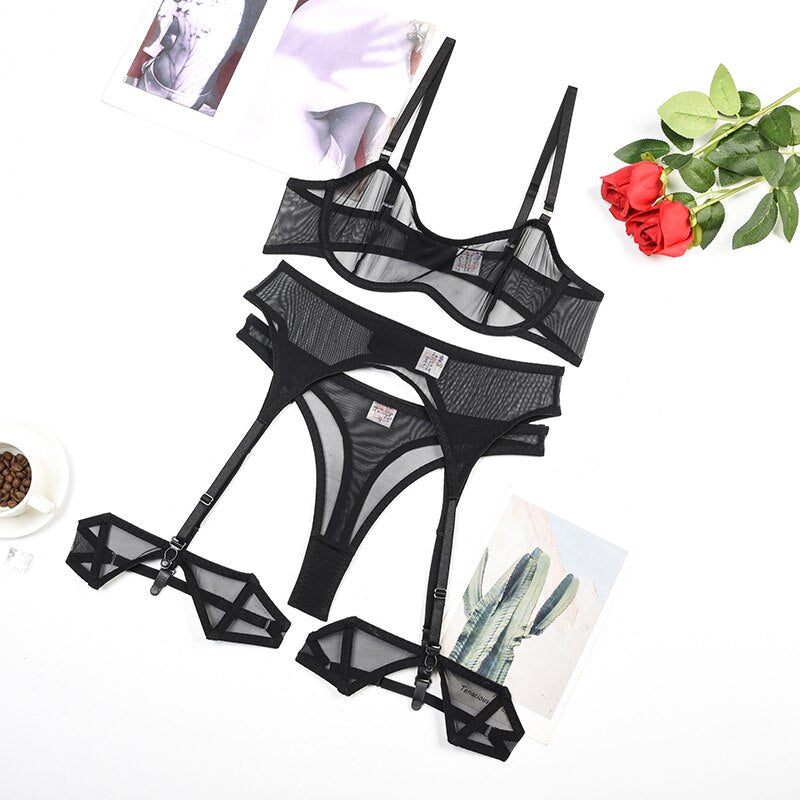 Ellolace Sensual Lingerie See Through Bra Kit Push Up Seamless Sheer Lace Intimate Soft Erotic Sets Garter Underwear Uncensored