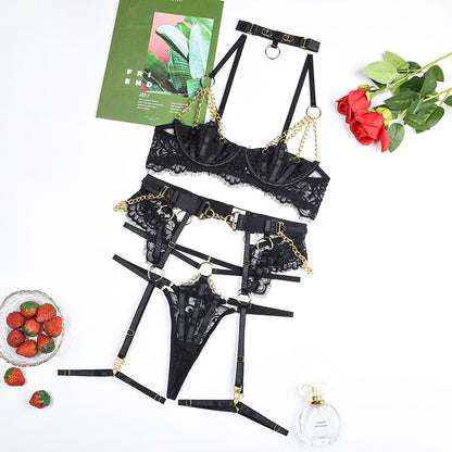 Ellolace Fancy Lingerie Luxury Lace Push Up Half Cup Bra With Chain Hot Sexy Red Delicate Underwear Valentine Sissy Intimate